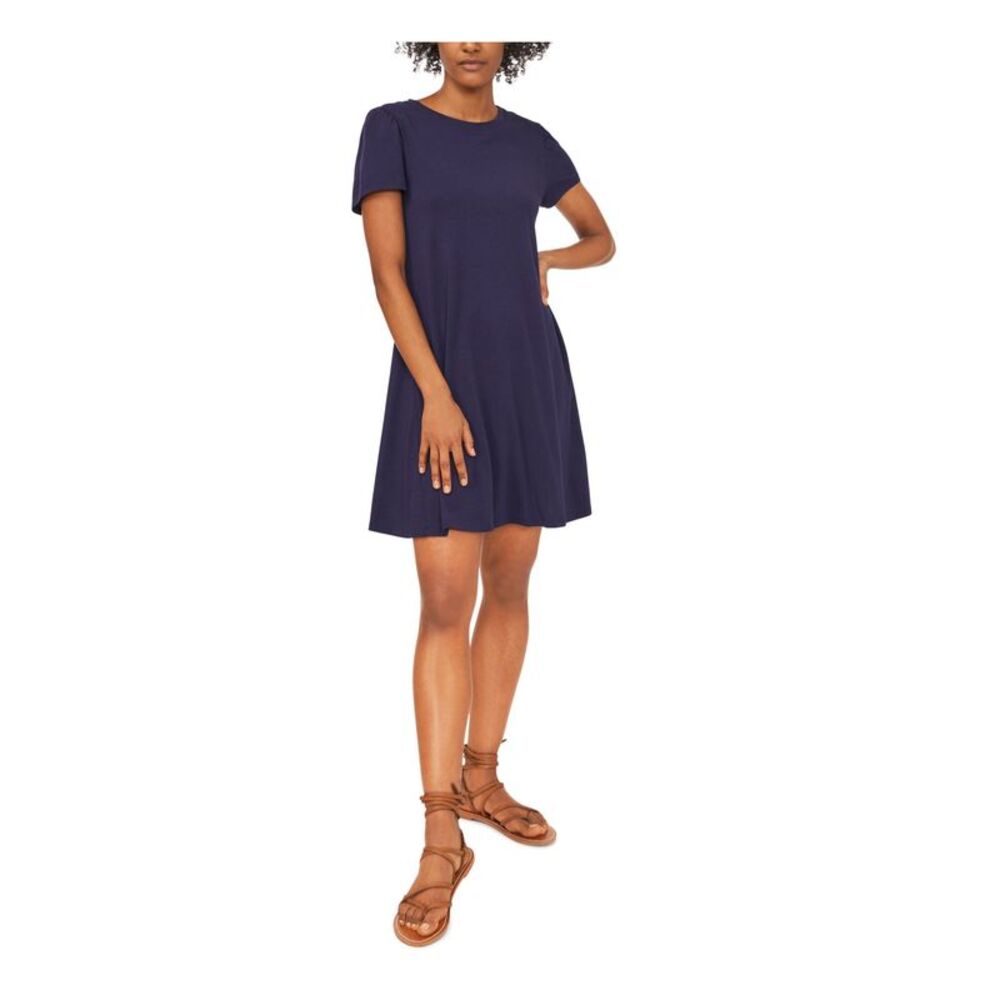 RILEY&RAE Womens Stretch Ruched Pouf Sleeve Crew Neck Above The Knee Shift Dress